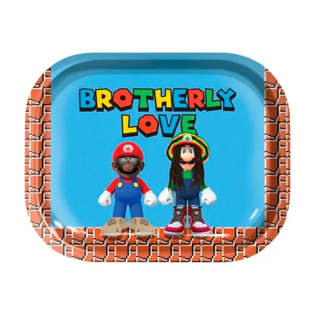 Bandeja Brotherly Love de fondo azul y borde con dibujo de ladrillos, decorada con personajes de dibujos con gorra y sombrero de colores.