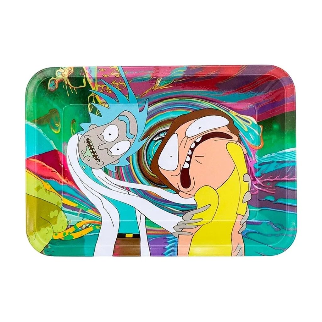 Bandeja rectangular de esquinas redondeadas con Rick y Morty distorsionados ante una espiral multicolor, sobre fondo blanco.