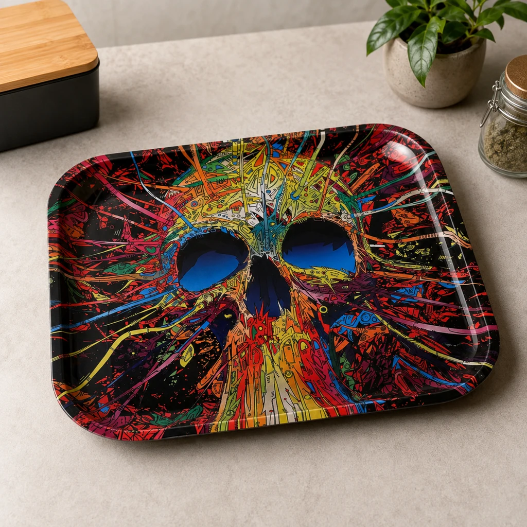 Bandeja de picado Skull con bordes elevados y una calavera de trazos multicolores sobre fondo negro, apoyada en una encimera.