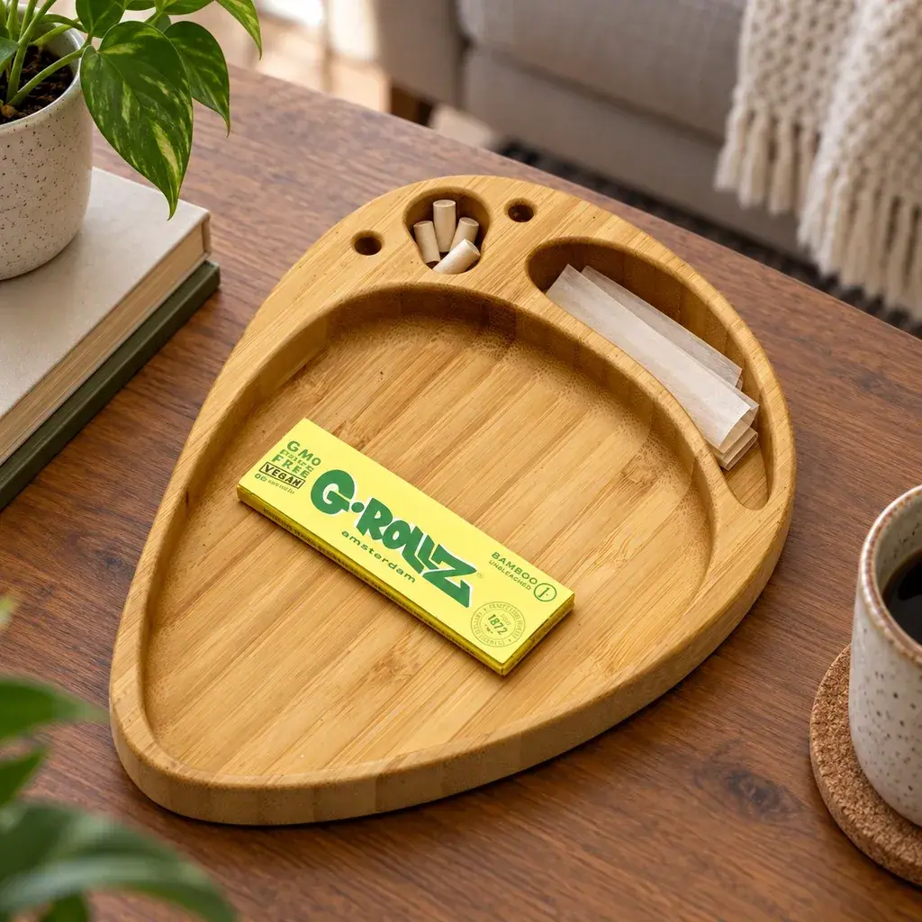 Escena generada de una bandeja Alien Bamboo de G-Rollz con compartimentos, papeles y boquillas sobre una mesa junto a una planta y una taza.
