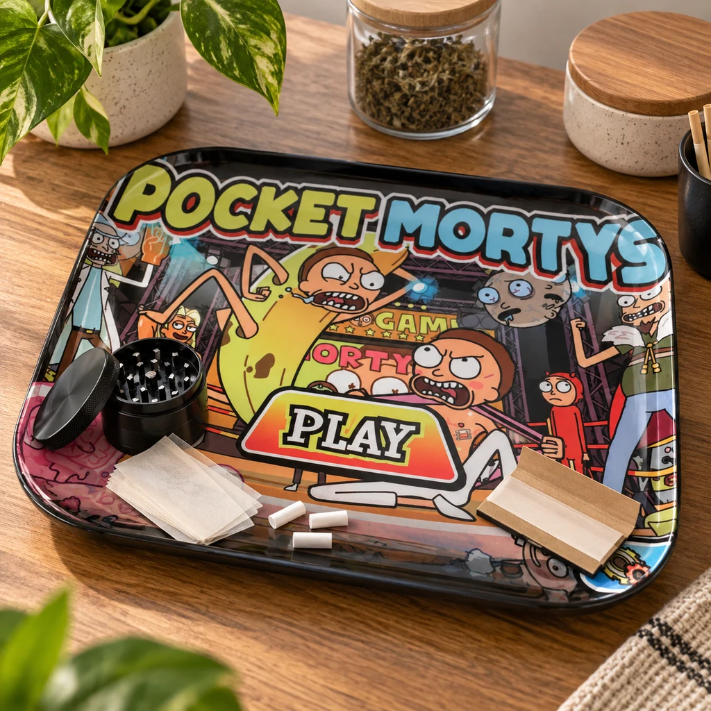 Bandeja de liar Morty con dibujos de personajes y texto «Pocket Mortys», sobre una mesa con grinder, papeles y filtros.