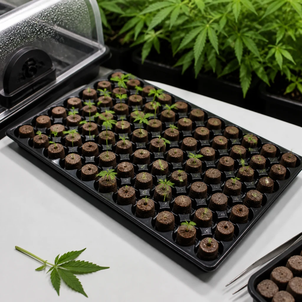 Bandeja negra con tacos cilíndricos de sustrato y pequeños brotes, junto a una cubierta transparente y plantas de cannabis. Bandeja negra con tacos cilíndricos de sustrato y pequeños brotes, junto a una cubierta transparente y plantas de cannabis.