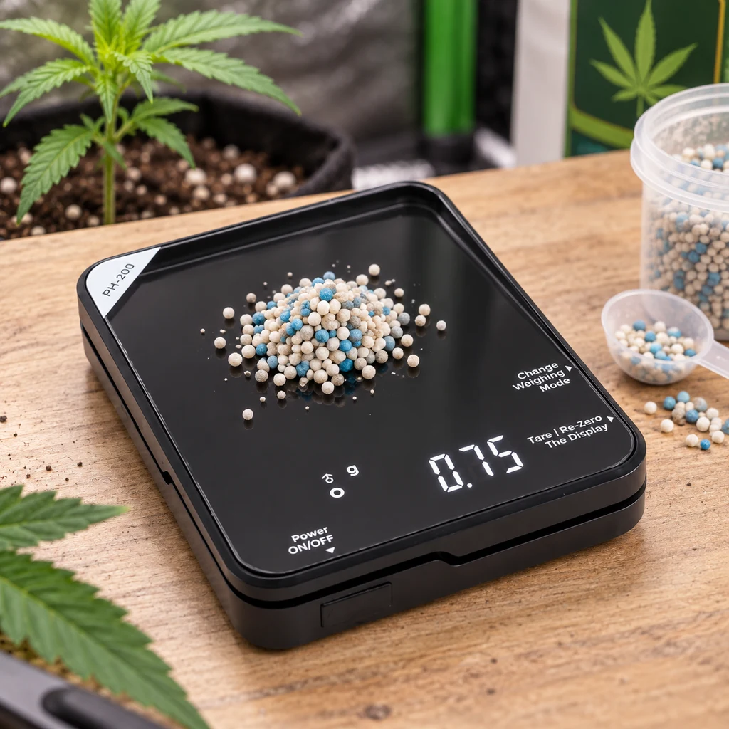 Escena generada de una báscula negra Phantom PH-200 con gránulos blancos y azules sobre una mesa, junto a un bote y una cuchara. Escena generada de una báscula negra Phantom PH-200 con gránulos blancos y azules sobre una mesa, junto a un bote y una cuchara.