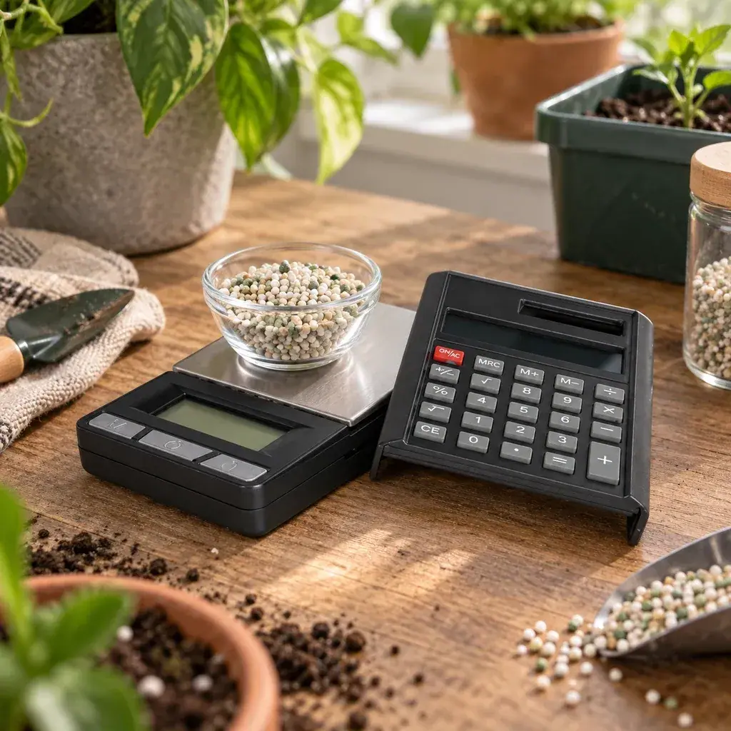 Báscula digital con un cuenco de gránulos sobre la plataforma y calculadora negra al lado, en una mesa de jardinería. Báscula digital con un cuenco de gránulos sobre la plataforma y calculadora negra al lado, en una mesa de jardinería.
