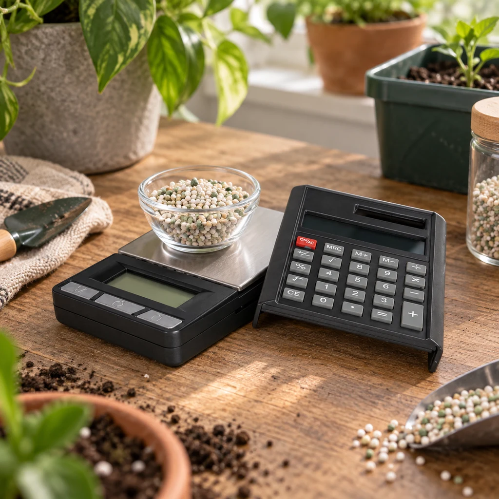 Báscula digital con un cuenco de gránulos sobre la plataforma y calculadora negra al lado, en una mesa de jardinería.