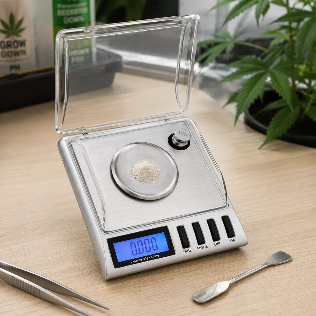 Báscula digital con tapa transparente abierta, pantalla azul y platillo con polvo claro, junto a pinzas y espátula sobre una mesa.