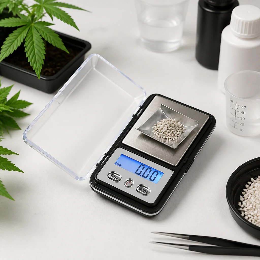 Báscula digital con tapa transparente abierta y bandeja con gránulos claros, junto a pinzas, recipientes y una planta de cannabis.
