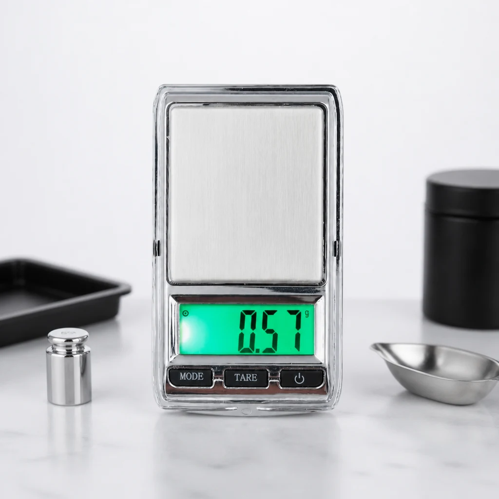 Báscula digital Easy Garden Mini con plataforma rectangular y pantalla verde que marca 0,57 g, junto a una pesa y una cucharilla.