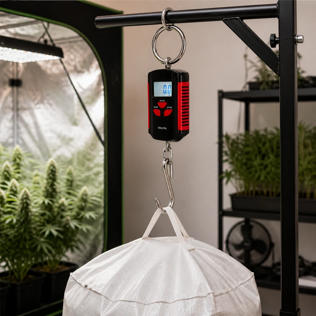 Báscula digital colgante Easy Garden WH-E, negra y roja, con pantalla y gancho que sostiene un saco blanco en una escena de cultivo interior.
