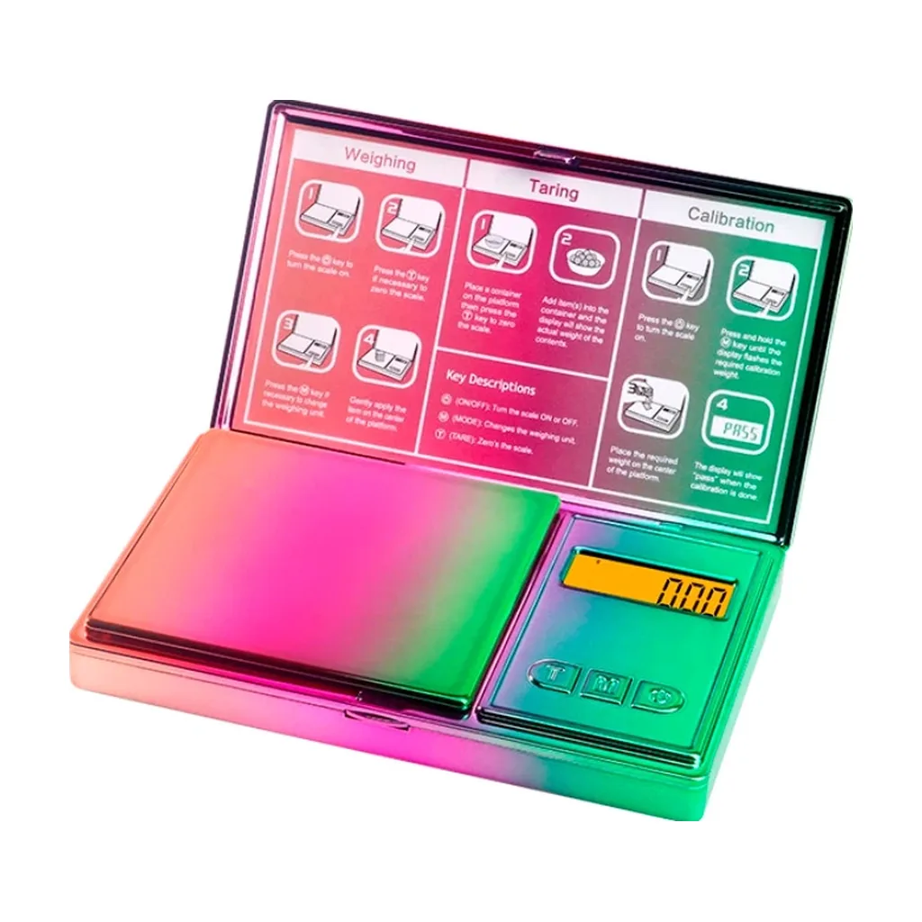 Báscula digital Paraíso 300 abierta, con acabado multicolor, plataforma rectangular, pantalla y tapa con instrucciones. Báscula digital Paraíso 300 abierta, con acabado multicolor, plataforma rectangular, pantalla y tapa con instrucciones.