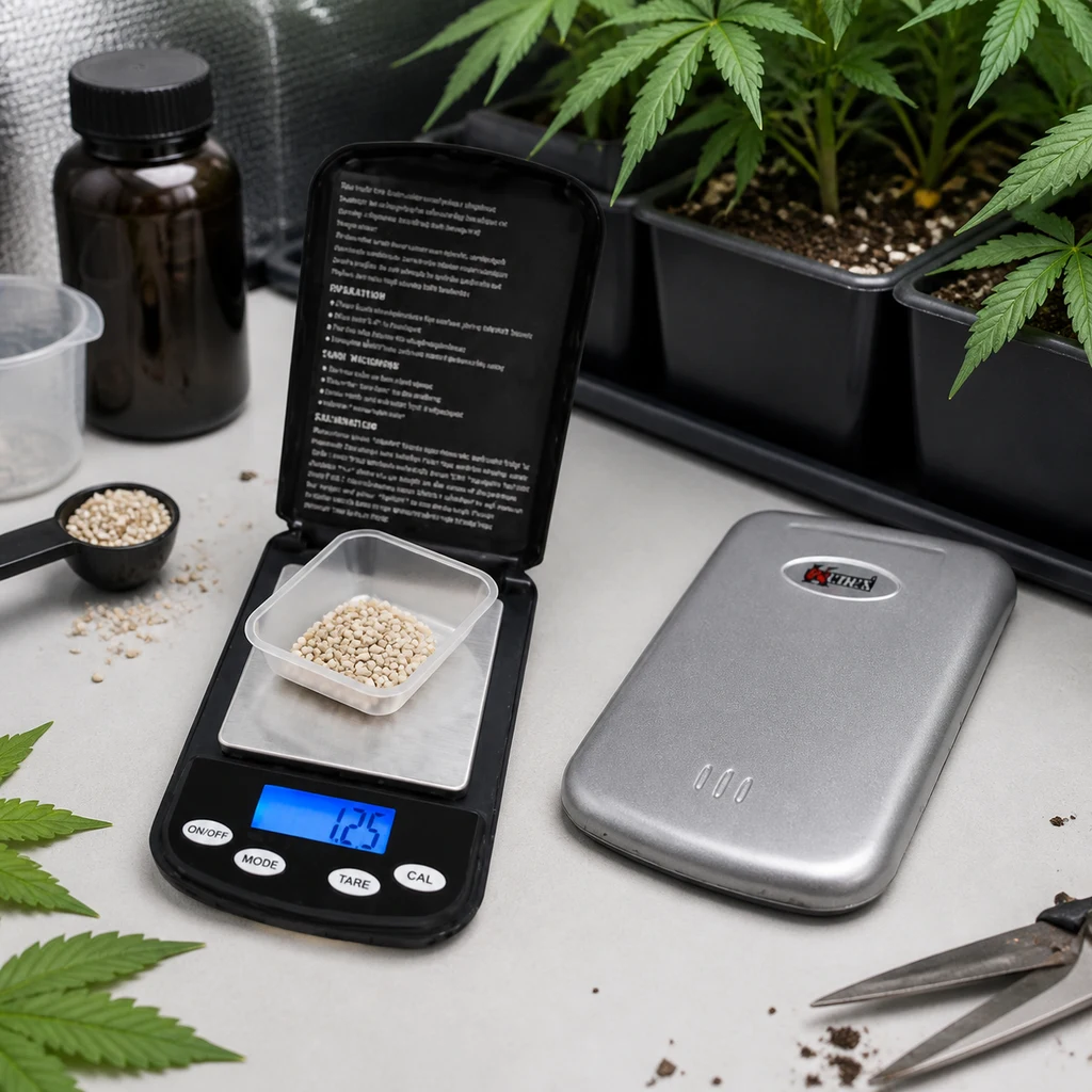 Báscula digital de bolsillo abierta con recipiente de gránulos y pantalla azul que marca 1,25, junto a su tapa y macetas con plantas.