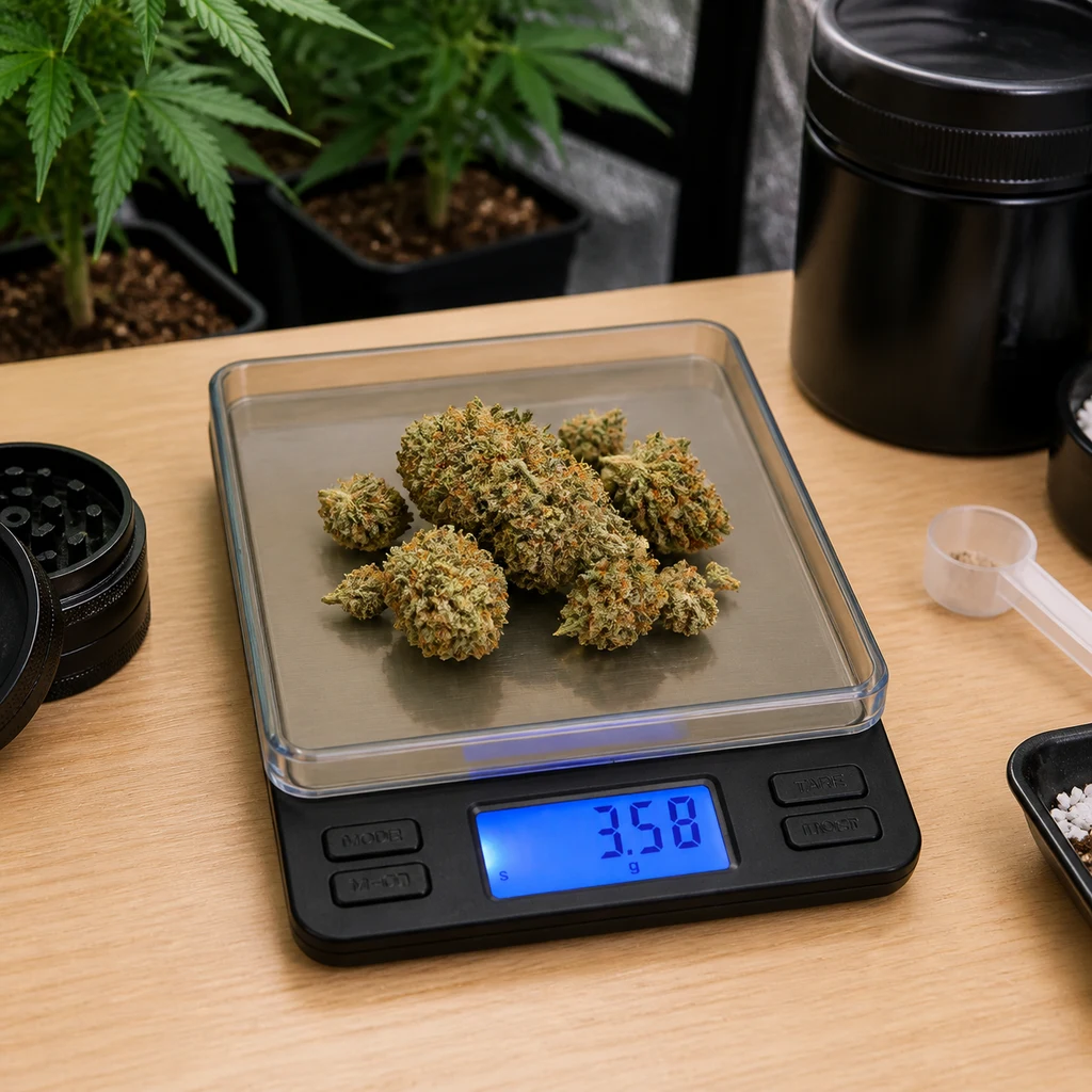 Escena generada de una báscula digital con cogollos sobre la plataforma y pantalla azul que marca 3,58 g, en una mesa junto a accesorios.