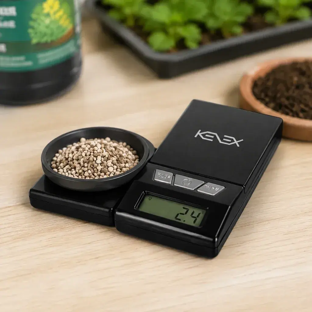 Báscula negra Kenex Matrix con un recipiente de gránulos y pantalla que indica 2,4 g, sobre una mesa con plantas al fondo.