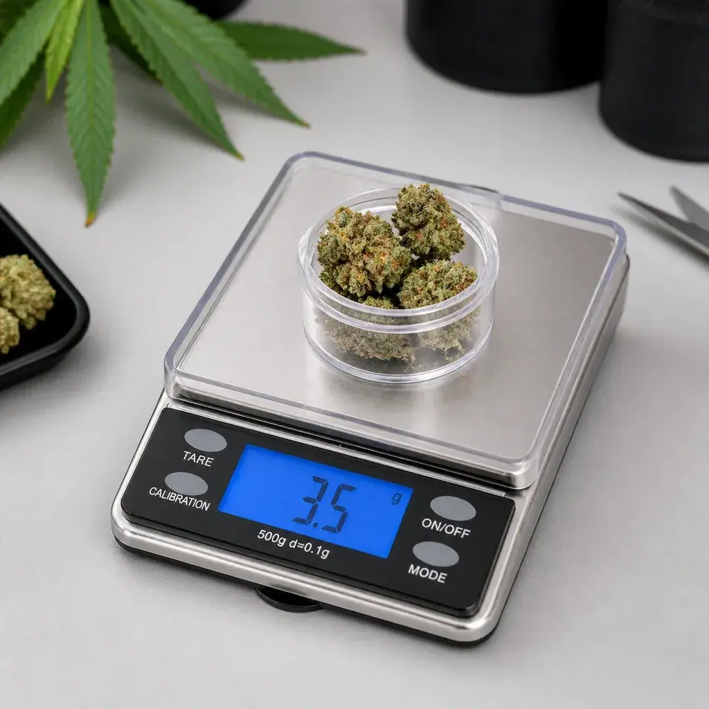 Báscula digital con un recipiente transparente lleno de cogollos sobre la plataforma y pantalla azul que marca 3,5 g.