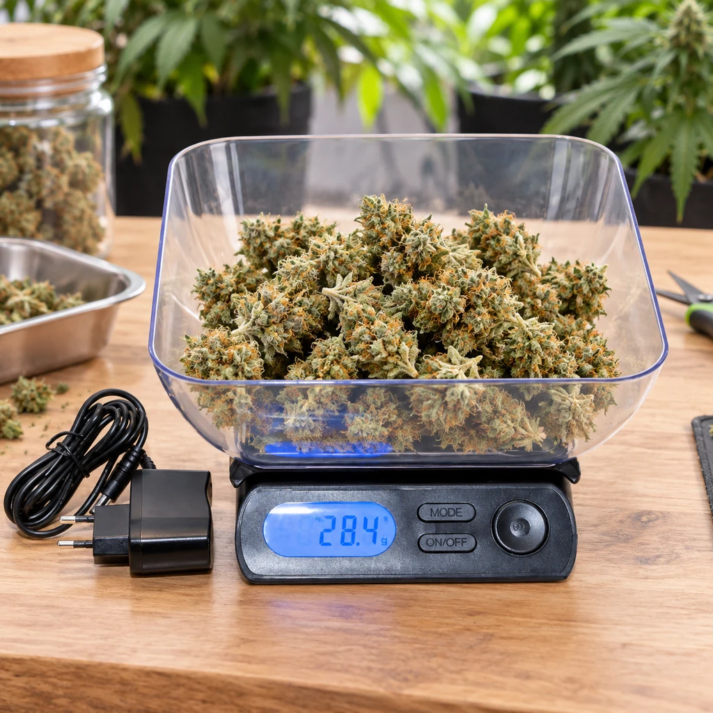 Báscula On Balance Mega Bowl con cuenco transparente lleno de cogollos, pantalla azul que marca 28,4 g y adaptador al lado. Báscula On Balance Mega Bowl con cuenco transparente lleno de cogollos, pantalla azul que marca 28,4 g y adaptador al lado.