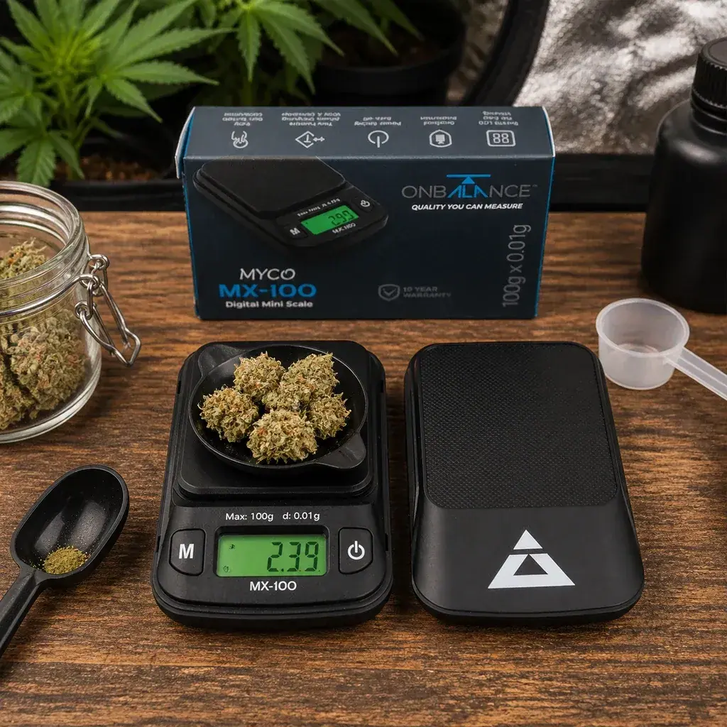 Báscula OnBalance Myco MX-100 con cogollos sobre la bandeja y pantalla que marca 2.39, junto a su tapa y caja en una mesa de madera.