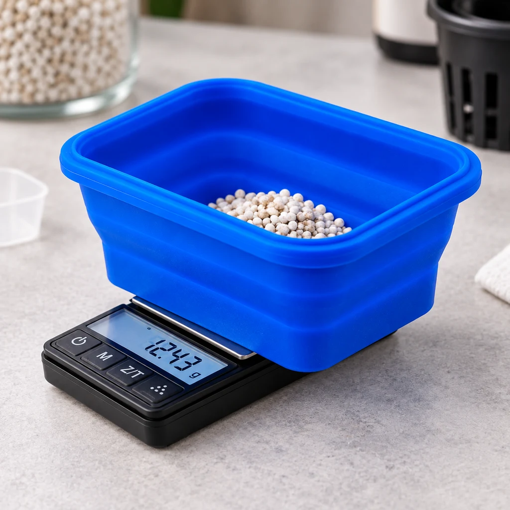 Báscula digital negra con cuenco rectangular azul que contiene pequeños gránulos claros, sobre una encimera gris.