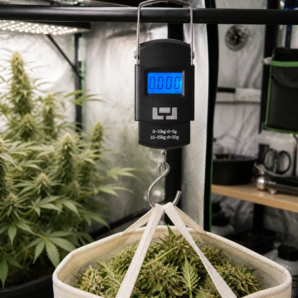 Báscula digital colgante con pantalla azul en 0.000 kg y un gancho que sostiene una cesta con cogollos en un cultivo interior. Báscula digital colgante con pantalla azul en 0.000 kg y un gancho que sostiene una cesta con cogollos en un cultivo interior.