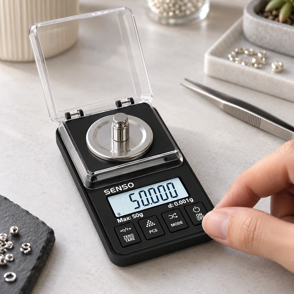Báscula digital negra con tapa transparente abierta y una pesa sobre el plato; una mano se acerca a los botones y la pantalla marca 50.000 g.