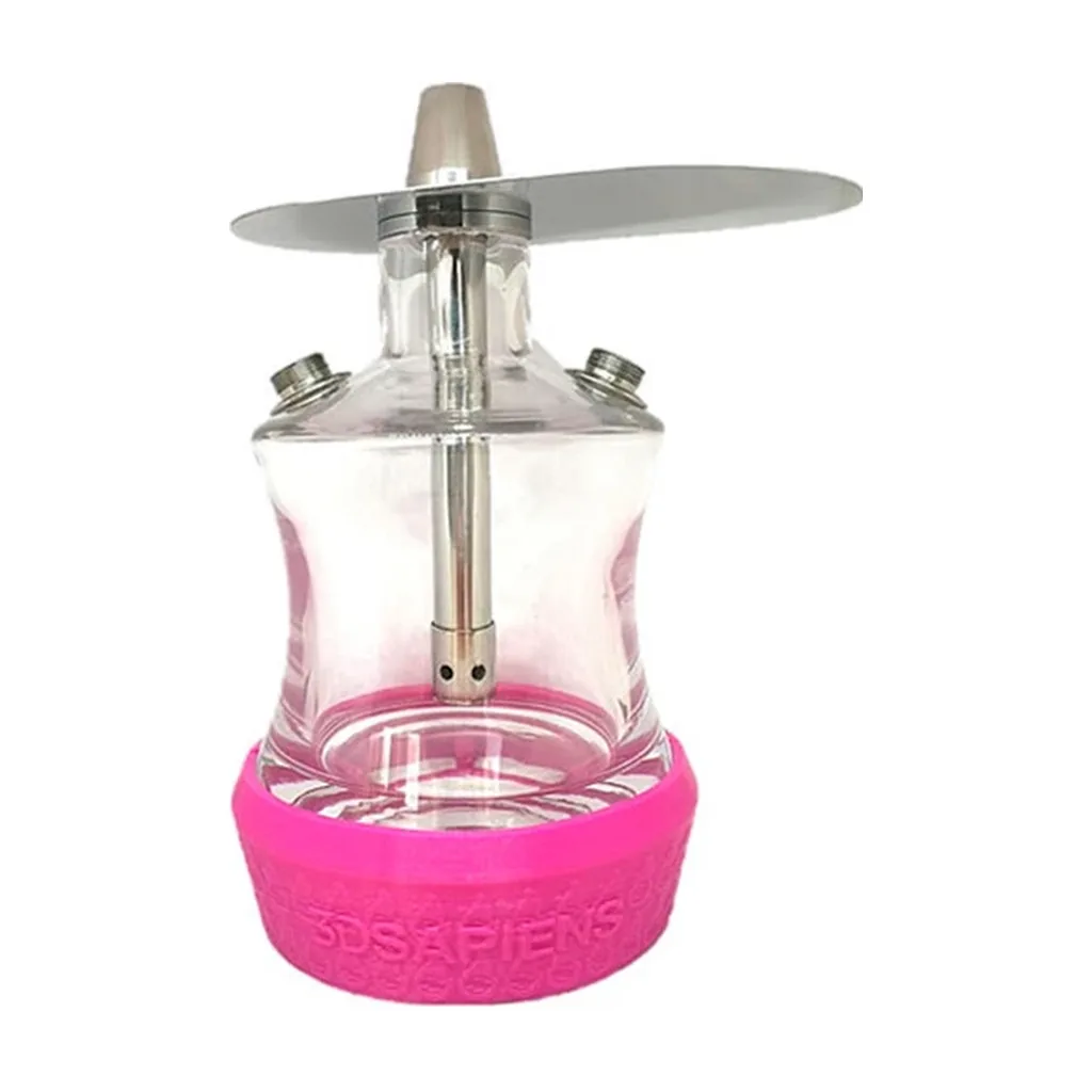 Base rosa para LED colocada bajo el depósito transparente de una cachimba, con tubo central y bandeja superior plateados. Base rosa para LED colocada bajo el depósito transparente de una cachimba, con tubo central y bandeja superior plateados.
