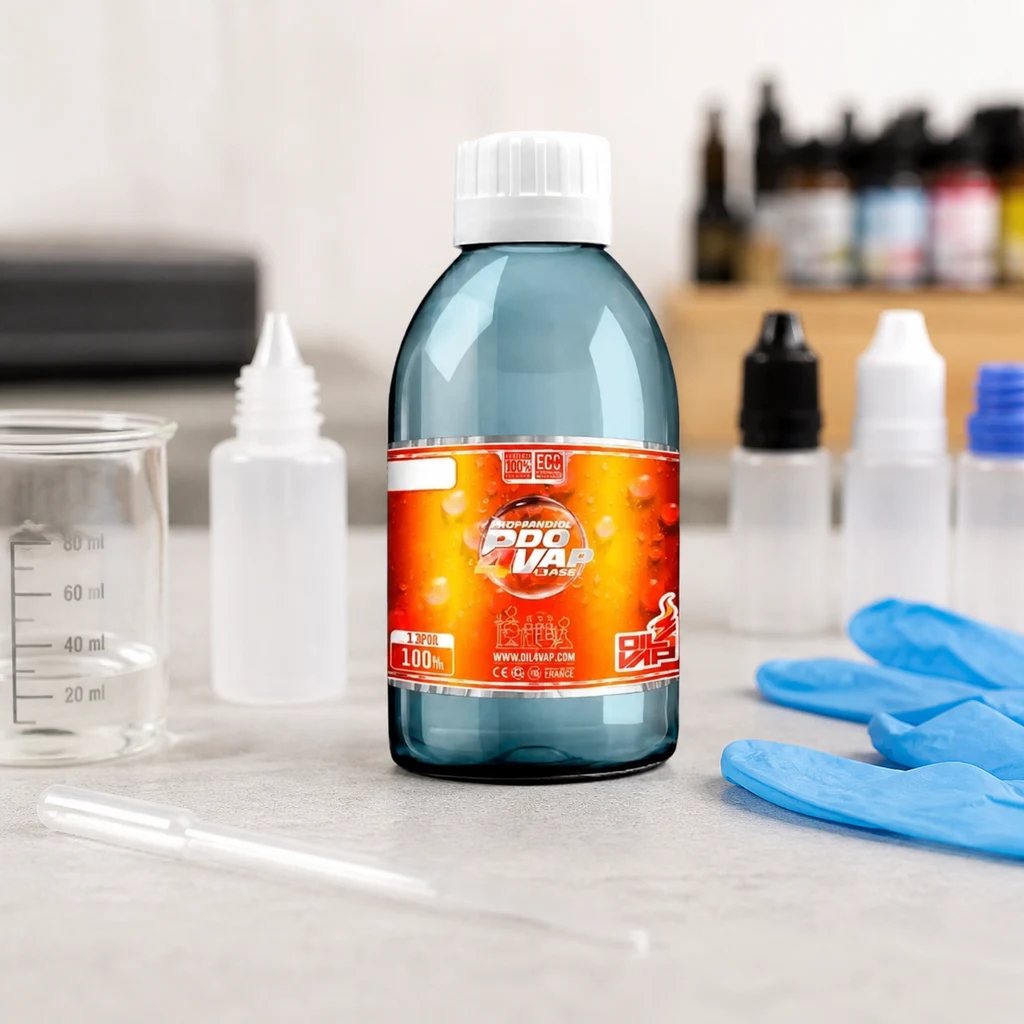 Botella de base PDO Oil4Vap de 100 ml con tapón blanco y etiqueta naranja, junto a un vaso medidor, una pipeta, frascos y guantes azules.