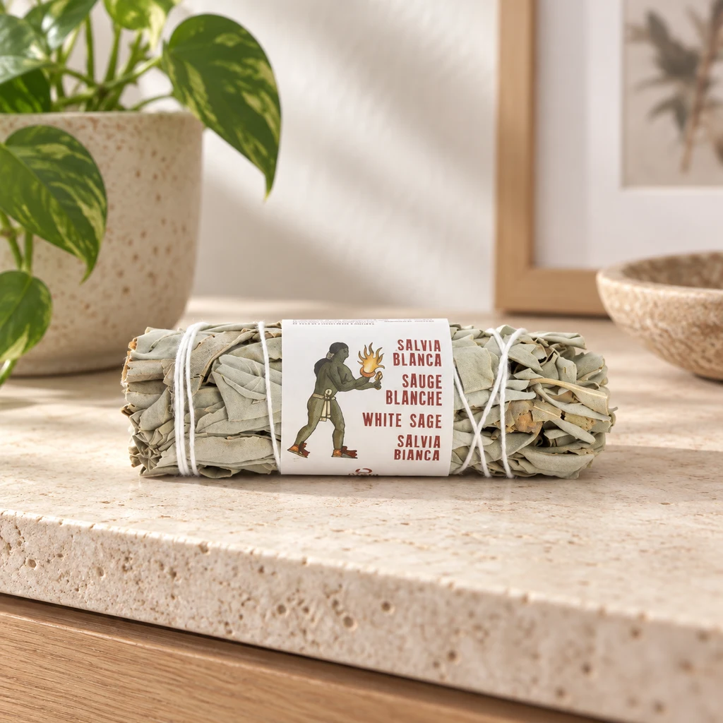 Bastón de salvia blanca atado con cordón blanco y etiqueta multilingüe, sobre una encimera clara junto a una planta y un cuenco.