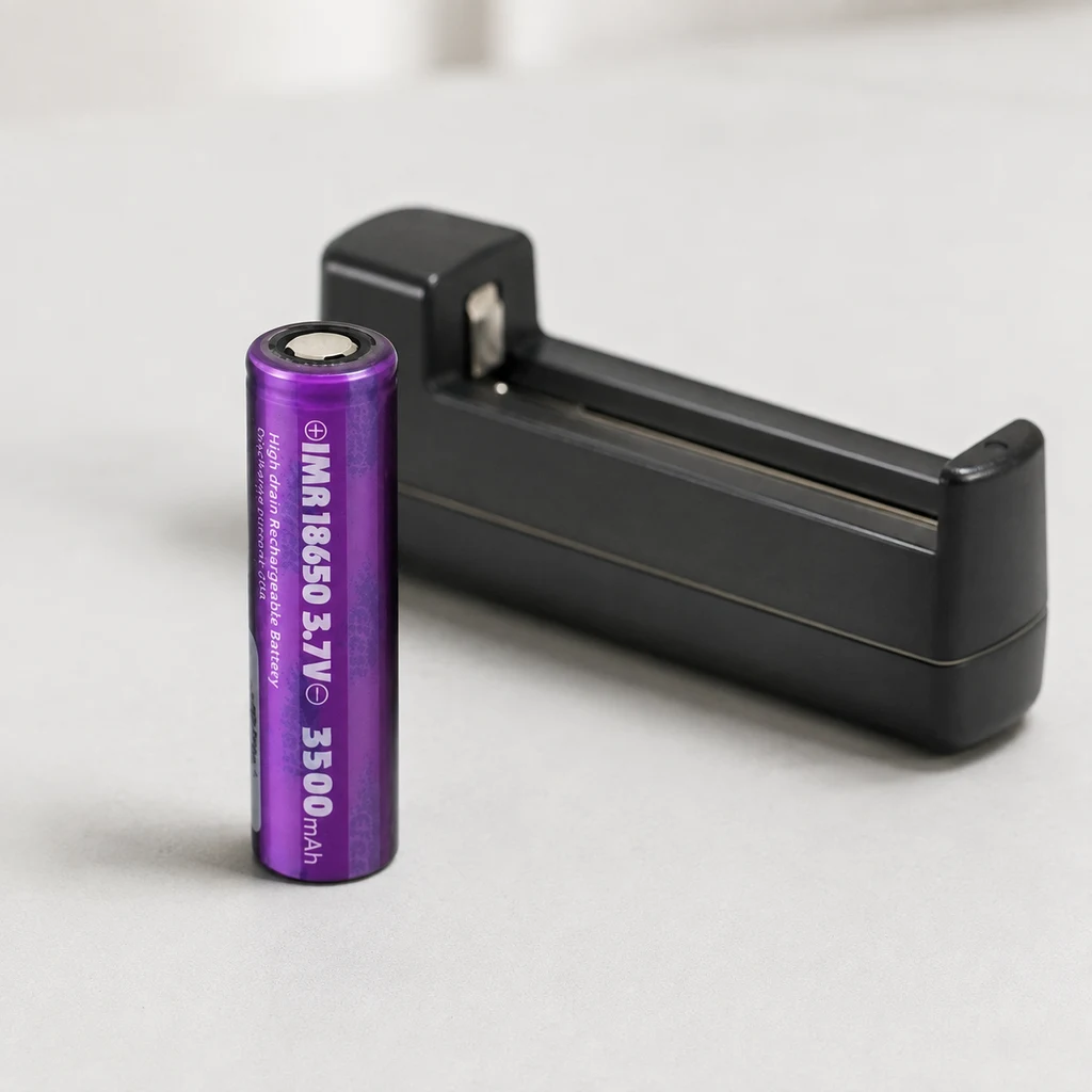 Batería cilíndrica morada con las inscripciones IMR 18650, 3,7 V y 3500 mAh, de pie junto a un cargador negro vacío. Batería cilíndrica morada con las inscripciones IMR 18650, 3,7 V y 3500 mAh, de pie junto a un cargador negro vacío.