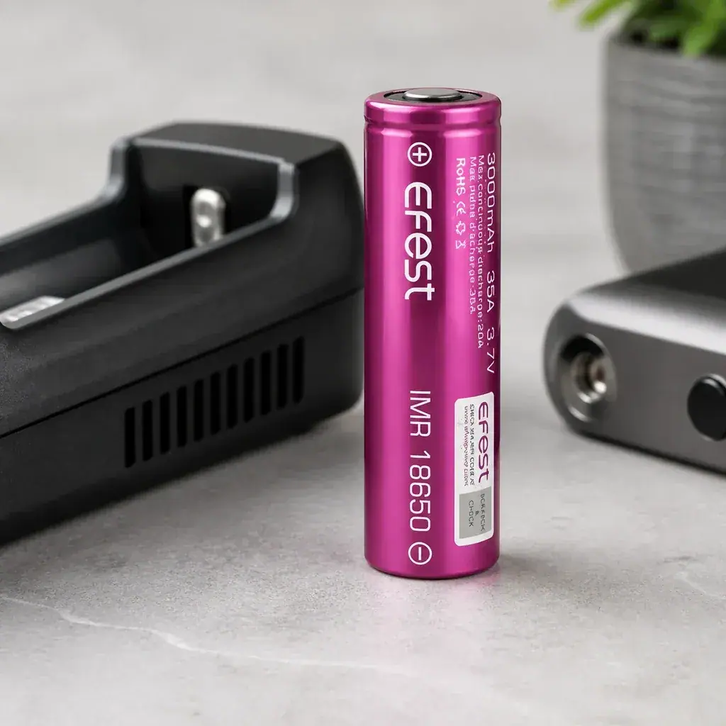 Batería Efest IMR 18650 rosa, de pie junto a un cargador negro, con las inscripciones 3000 mAh, 35 A y 3,7 V visibles.