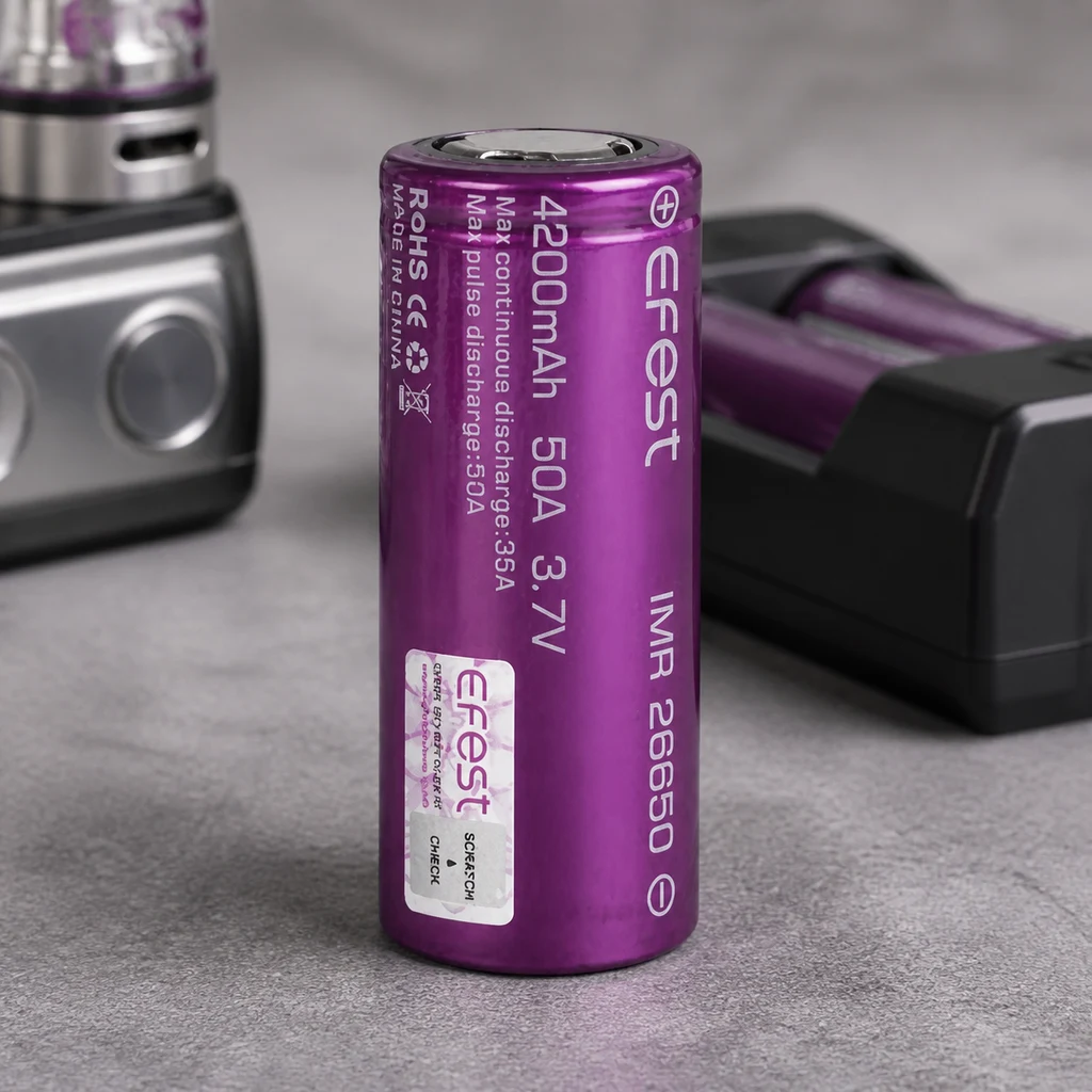 Escena generada de una batería morada Efest IMR 26650, rotulada 4200 mAh, 50 A y 3,7 V, con cargador y vaporizador al fondo. Escena generada de una batería morada Efest IMR 26650, rotulada 4200 mAh, 50 A y 3,7 V, con cargador y vaporizador al fondo.