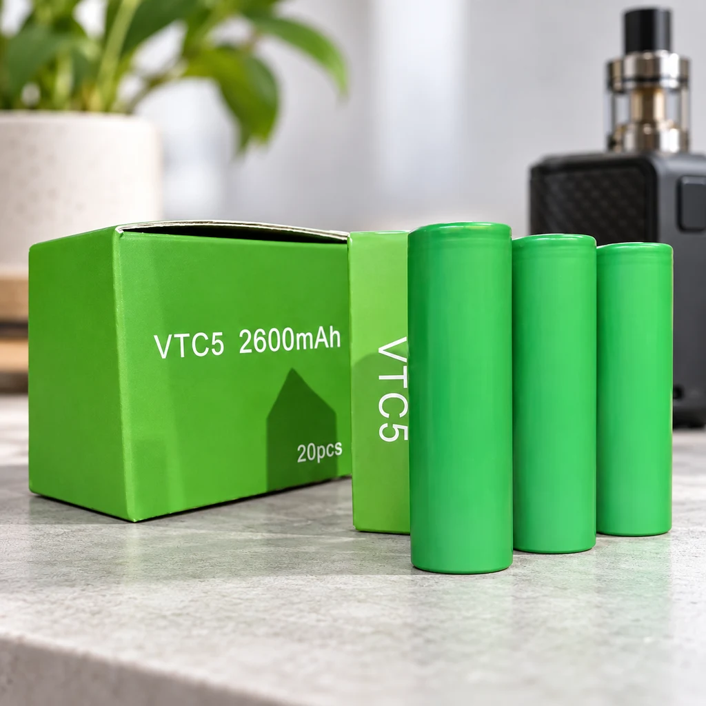Baterías cilíndricas verdes junto a cajas con la inscripción «VTC5 2600mAh» y un dispositivo de vapeo desenfocado al fondo. Baterías cilíndricas verdes junto a cajas con la inscripción «VTC5 2600mAh» y un dispositivo de vapeo desenfocado al fondo.