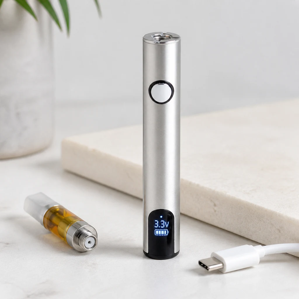 Batería de vapeo plateada en vertical, con botón circular y pantalla que indica 3,3 V, junto a un cartucho separado y un cable USB-C.