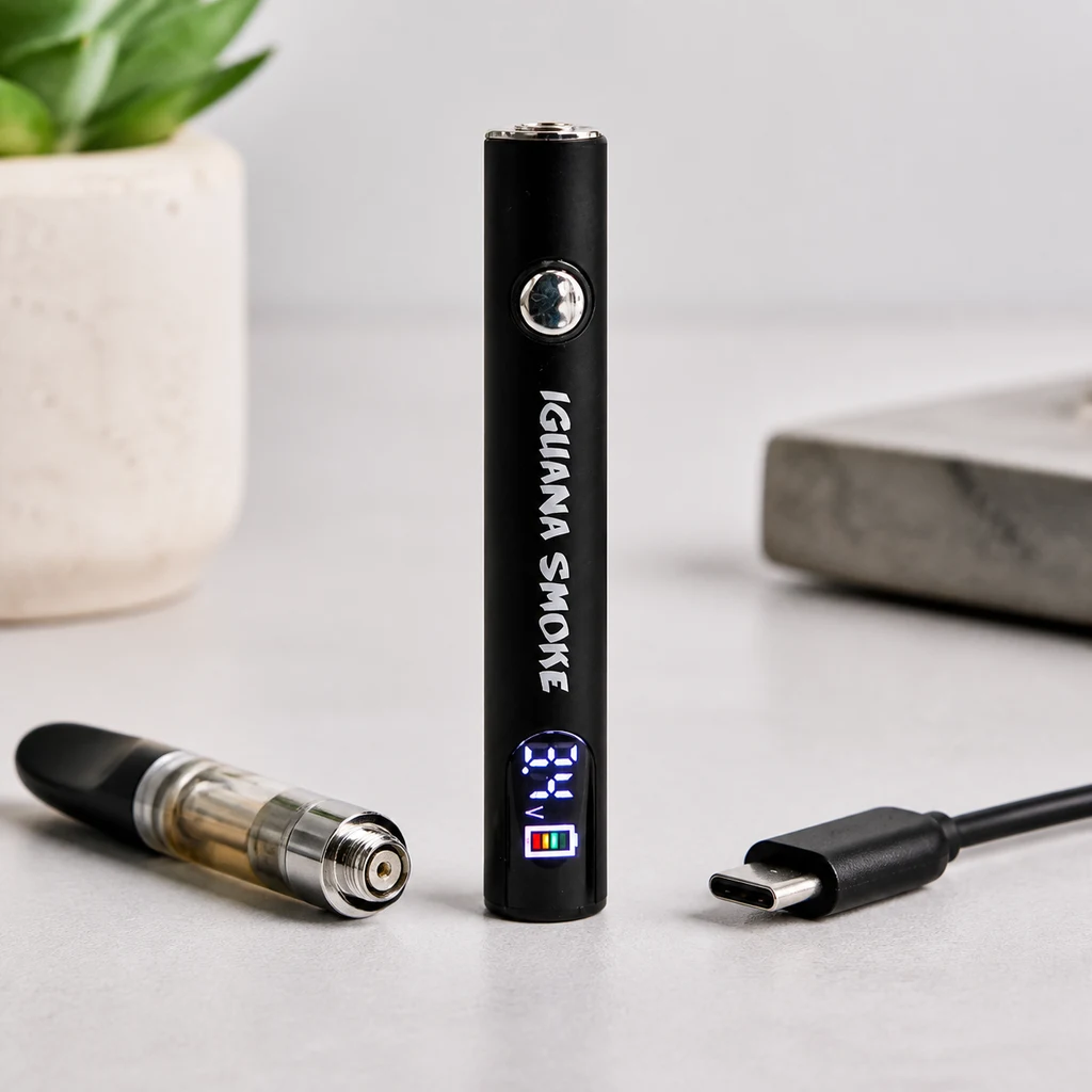 Batería negra 510 Iguana Smoke en posición vertical, con botón y pantalla iluminada, junto a un cartucho separado y un cable USB-C.