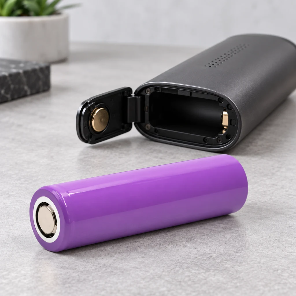 Batería cilíndrica morada junto a un vaporizador gris con la tapa abierta y el compartimento vacío, sobre una superficie clara.
