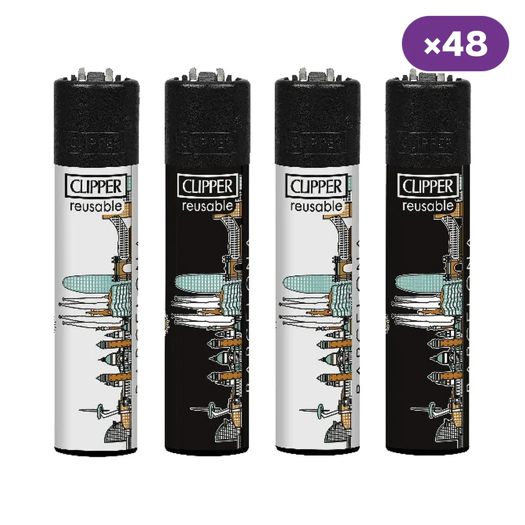 Encendedores Clipper BCN Skyline con fondos blancos y negros, dibujos de edificios y parte superior negra; indicación de 48 unidades.