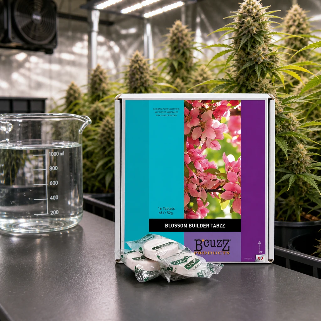 Caja de BCuzz Blossom Builder Tabzz con tabletas envueltas y un vaso graduado, sobre una mesa ante plantas en floración.