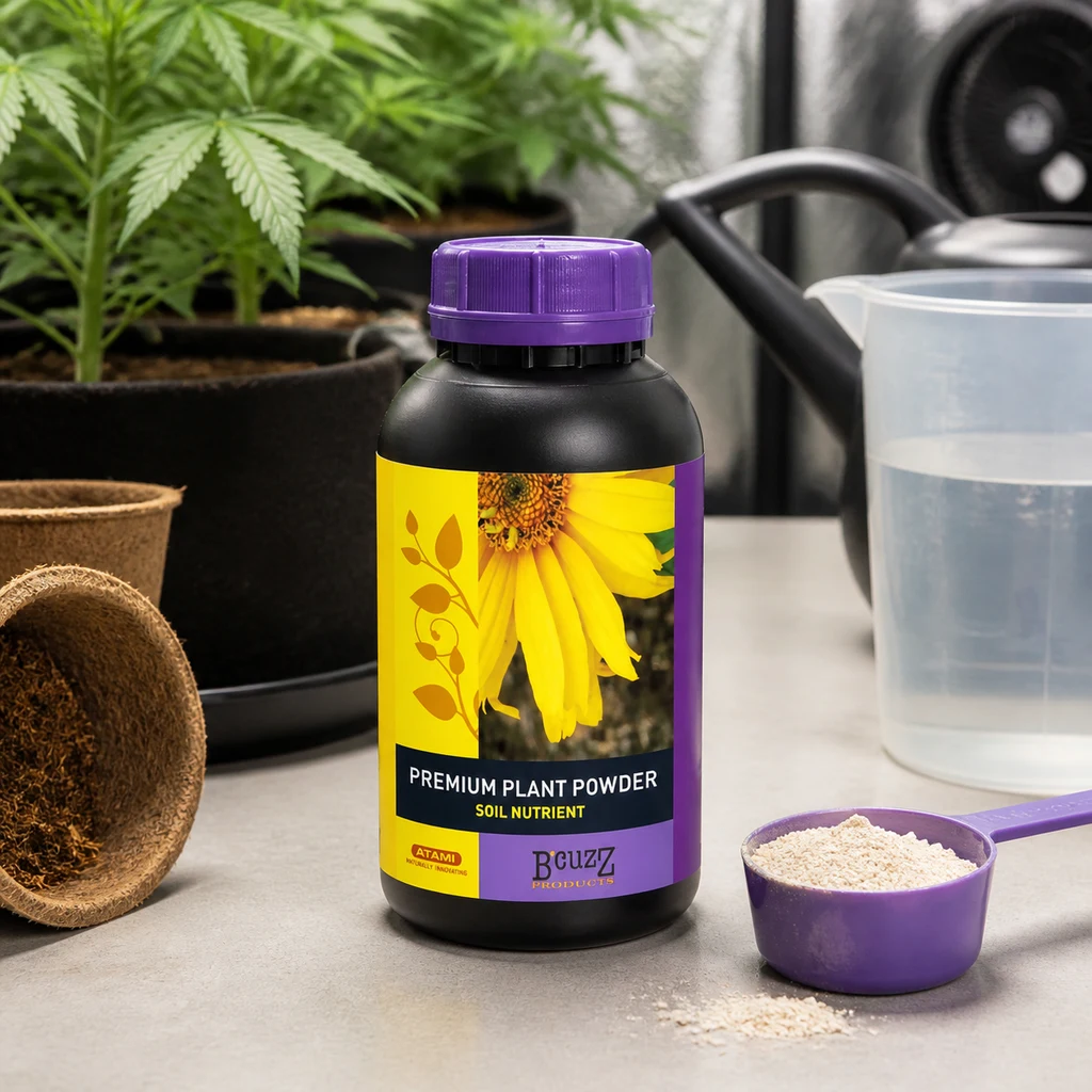 Bote B’cuzz Premium Plant Powder Soil con tapa morada, junto a una cuchara con polvo, una jarra de agua y plantas en macetas.