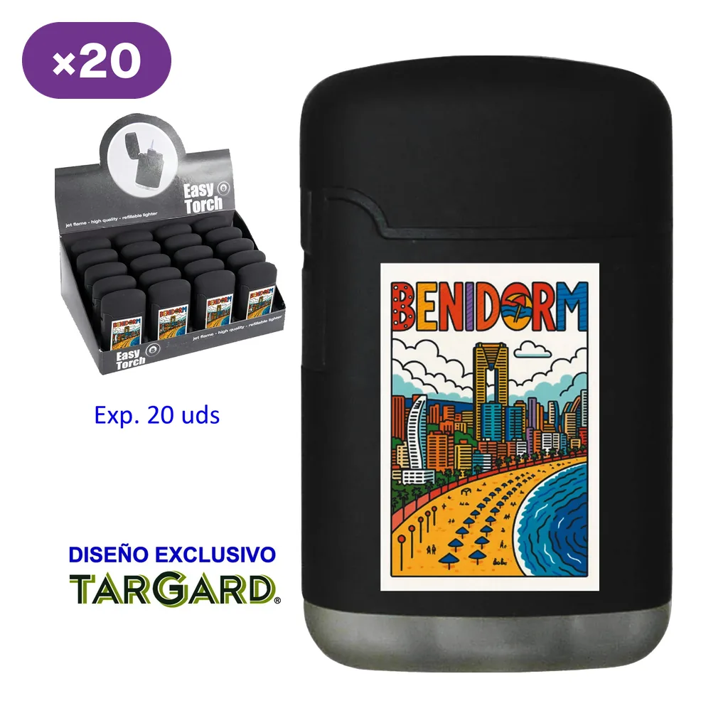 Encendedor turbo jet negro con diseño de playa y edificios de Benidorm, junto a un expositor y la indicación de 20 unidades.