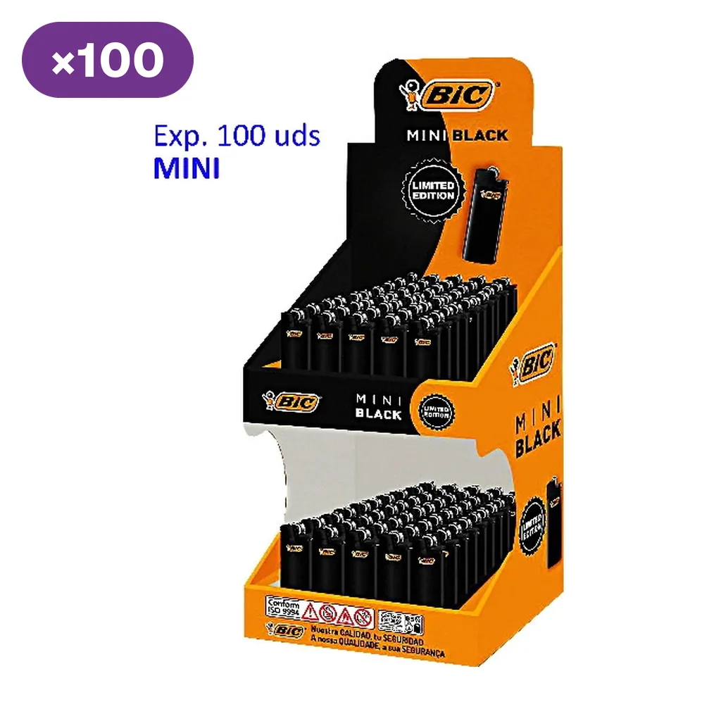 Expositor naranja y negro BIC Mini Black con varias unidades de encendedores negros en dos niveles y rótulo de 100 unidades. Expositor naranja y negro BIC Mini Black con varias unidades de encendedores negros en dos niveles y rótulo de 100 unidades.