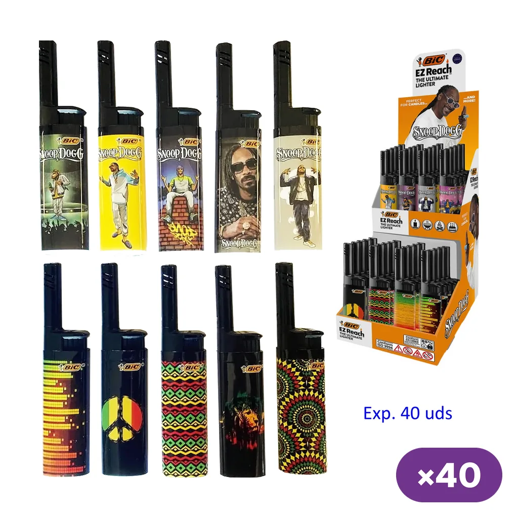 Selección de encendedores BIC de cuello largo con diseños de Snoop Dogg y motivos multicolor, junto a un expositor rotulado «40 uds». Selección de encendedores BIC de cuello largo con diseños de Snoop Dogg y motivos multicolor, junto a un expositor rotulado «40 uds».