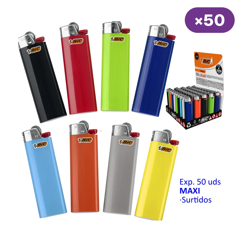 Selección de encendedores BIC Maxi en colores surtidos junto a un expositor, con la indicación de 50 unidades. Selección de encendedores BIC Maxi en colores surtidos junto a un expositor, con la indicación de 50 unidades.