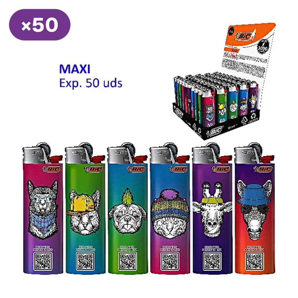 Encendedores BIC Maxi Reality de varios colores con animales ilustrados, códigos QR y expositor rotulado con 50 unidades. Encendedores BIC Maxi Reality de varios colores con animales ilustrados, códigos QR y expositor rotulado con 50 unidades.