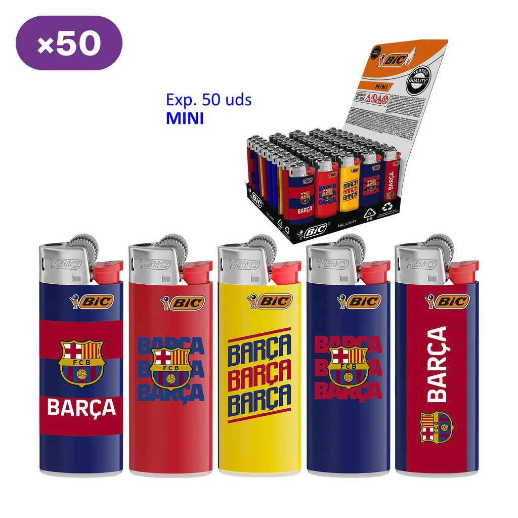 Cinco diseños de encendedores BIC Mini del FC Barcelona, en azul, rojo y amarillo, junto a un expositor señalado como de 50 unidades. Cinco diseños de encendedores BIC Mini del FC Barcelona, en azul, rojo y amarillo, junto a un expositor señalado como de 50 unidades.