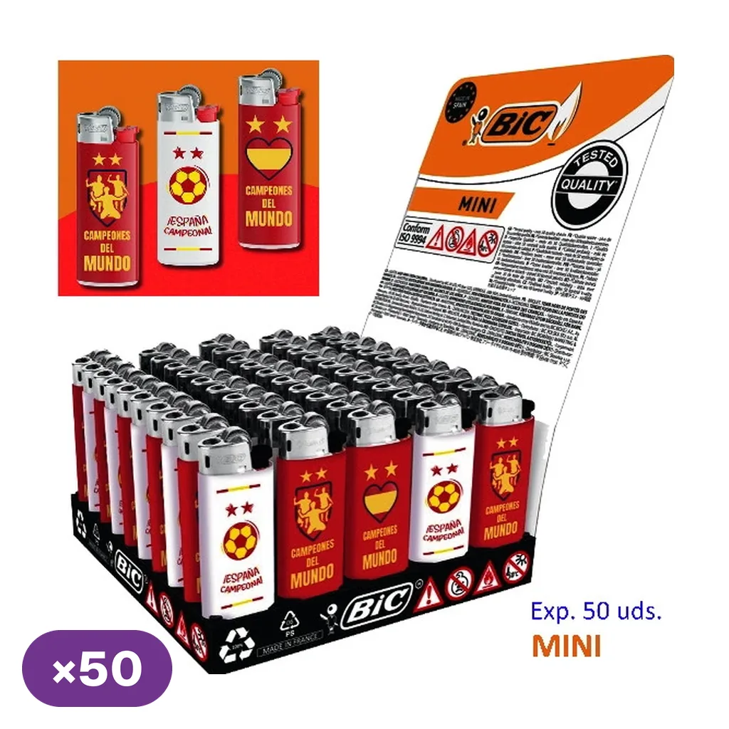 Expositor BIC Mini rotulado con 50 unidades y varios diseños rojos y blancos con estrellas, balón y mensajes de España campeona del mundo. Expositor BIC Mini rotulado con 50 unidades y varios diseños rojos y blancos con estrellas, balón y mensajes de España campeona del mundo.