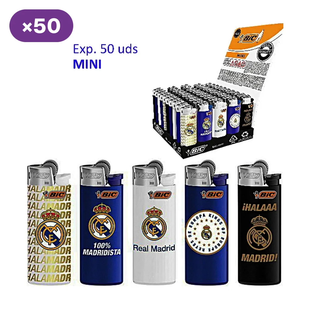 Selección de encendedores BIC Mini con distintos diseños del Real Madrid en blanco, azul y negro, junto a un expositor rotulado con 50 unidades. Selección de encendedores BIC Mini con distintos diseños del Real Madrid en blanco, azul y negro, junto a un expositor rotulado con 50 unidades.