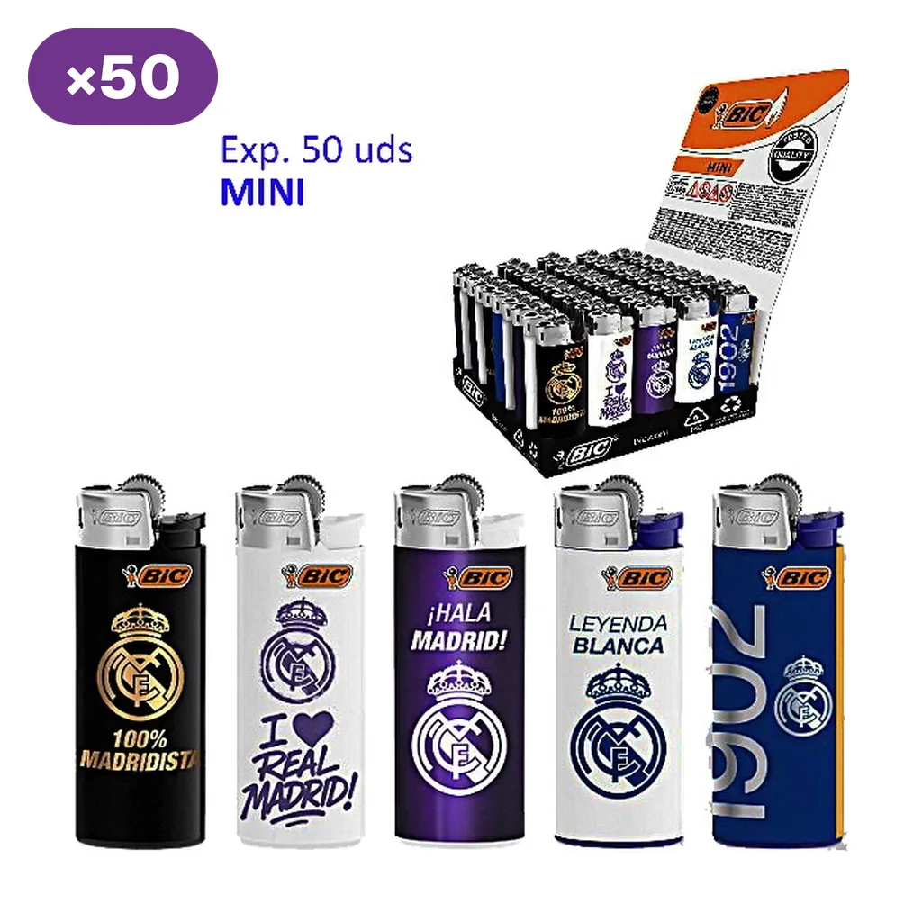 Selección de encendedores BIC Mini con distintos diseños del Real Madrid, junto a un expositor rotulado con 50 unidades. Selección de encendedores BIC Mini con distintos diseños del Real Madrid, junto a un expositor rotulado con 50 unidades.