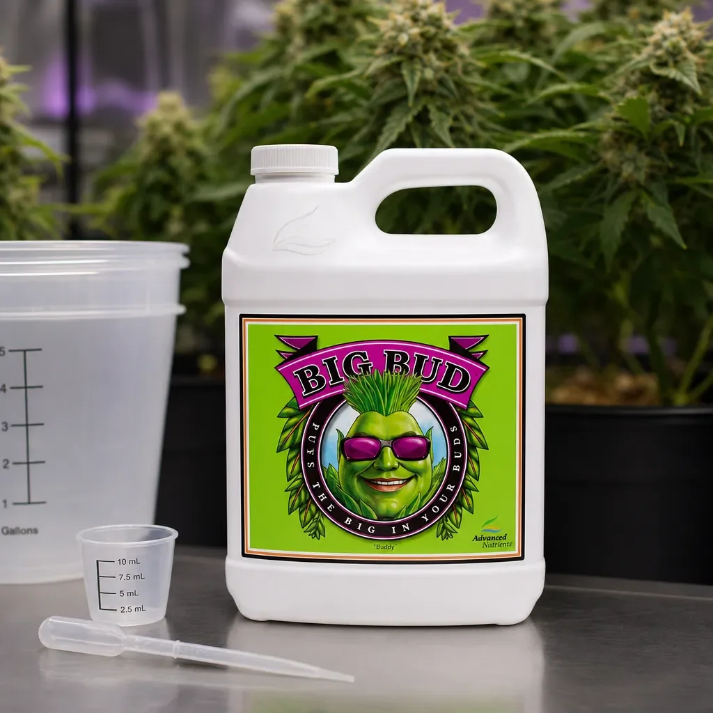Garrafa de Big Bud de Advanced Nutrients junto a un recipiente graduado, un vasito medidor y una pipeta, con plantas al fondo.