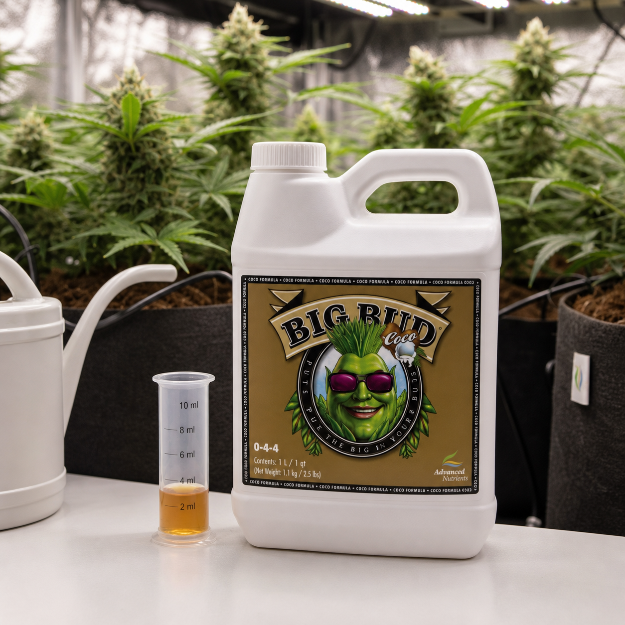 Envase blanco de Big Bud Coco de Advanced Nutrients junto a una probeta con líquido ámbar y una regadera, con plantas de cannabis al fondo.