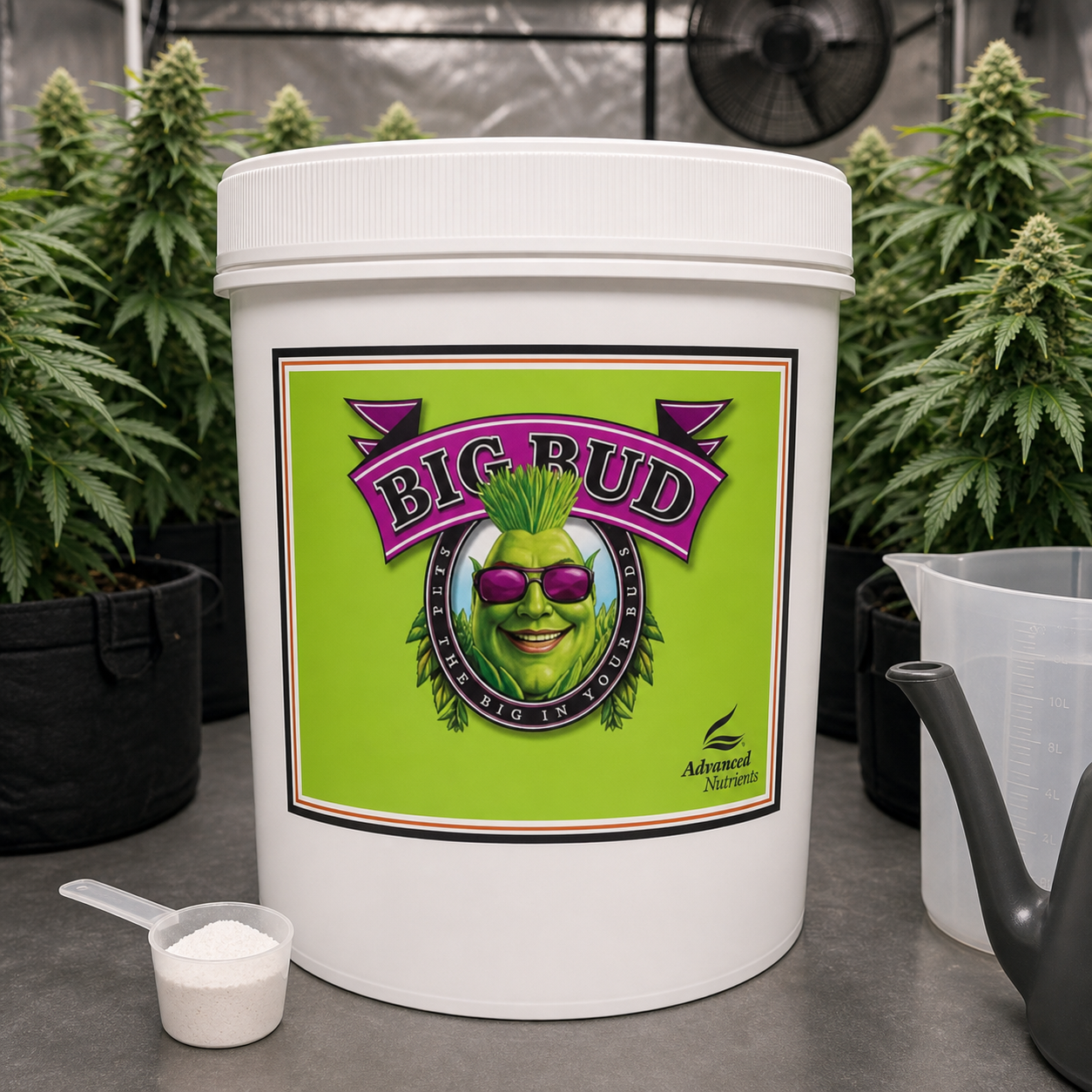 Bote blanco de Big Bud de Advanced Nutrients junto a una cuchara con polvo blanco, una jarra y una regadera, con plantas al fondo.