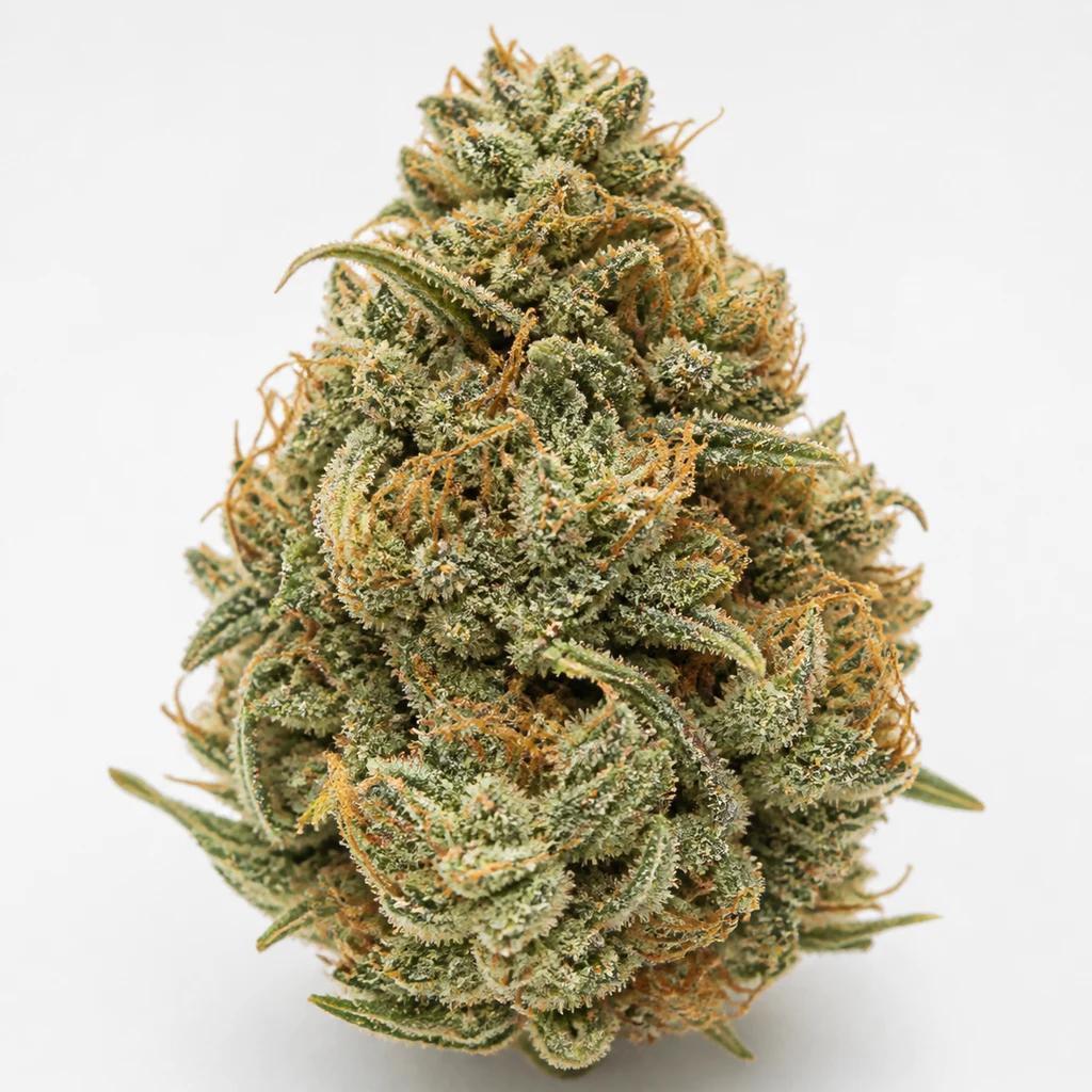Ilustración de un cogollo verde con filamentos anaranjados y superficie blanquecina para la ficha de Big Bud Feminizada de Seed Stockers.