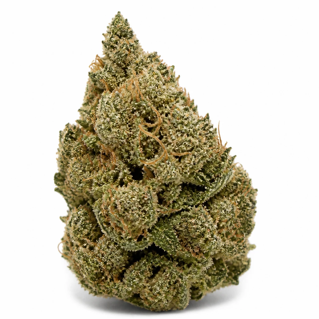 Ilustración de un cogollo verde de forma cónica, con filamentos anaranjados y superficie escarchada, para la ficha de Big Bud Regular.
